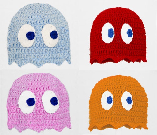 Pacman Ghost Hat in Blue, Pink, Red or Orange, Crochet Gamer Beanie, send size/color choice baby - adult