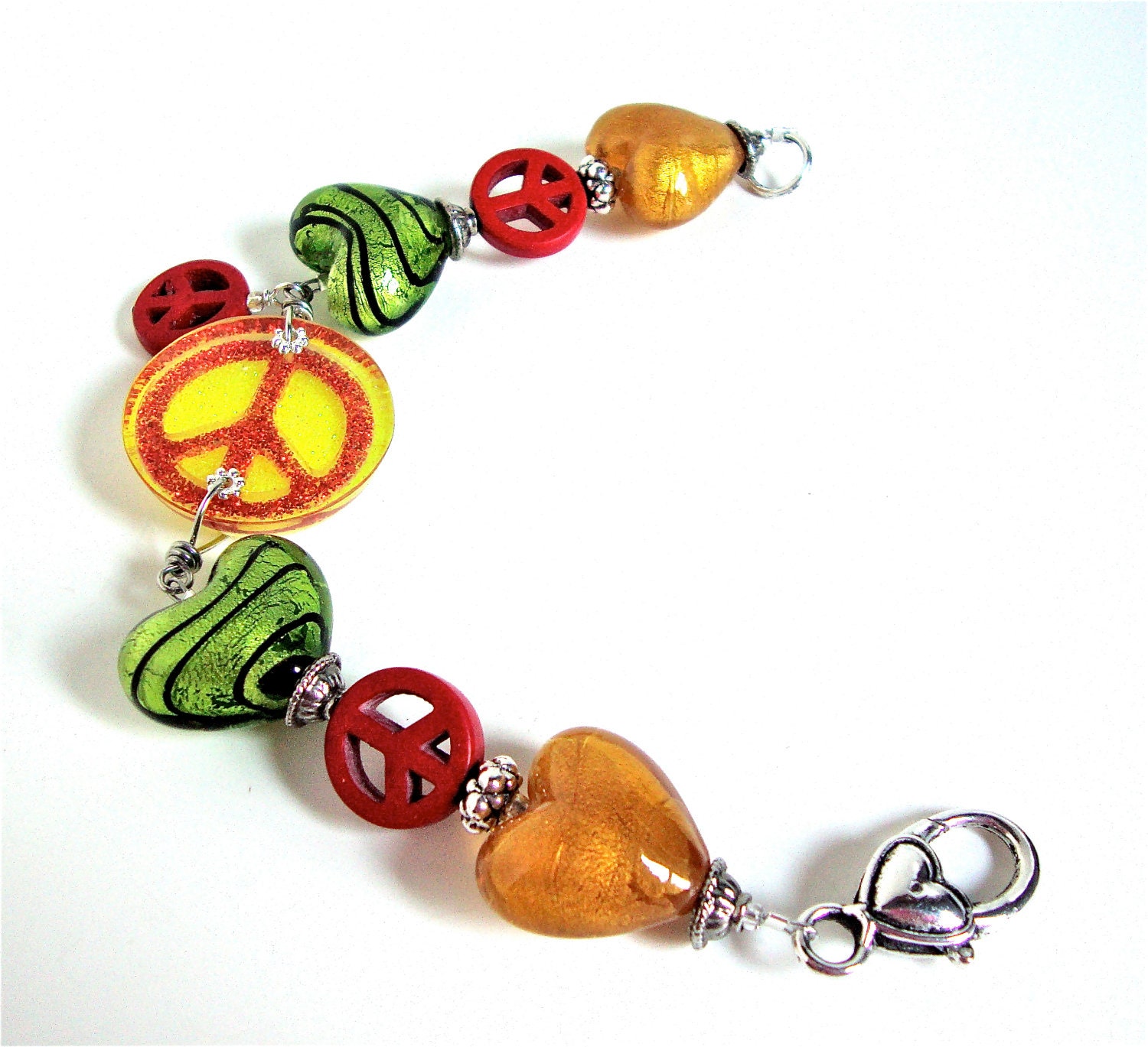 Chunky peace sign and heart statement bracelet - yellow, red and green bead bracelet - glitter resin bracelet by Sparkle City Jewelry
