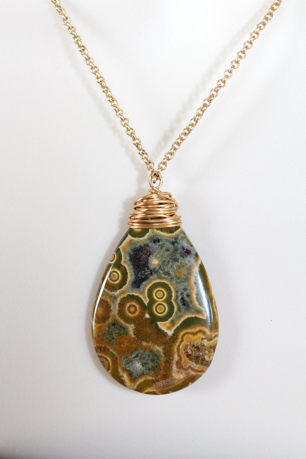 Wire Wrapped Ocean Jasper Pendant Necklace, Matte Gold Rolo Chain, Tuscan Gold Picasso Czech Bead detail on S Clasp, Amazing natural design