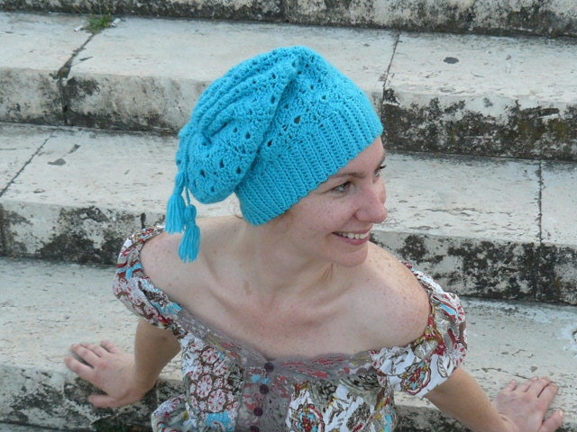 Woman's crochet hat, blue winter beanie, turquoise slouchy hat