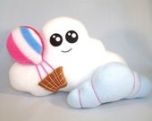 Plush cloud toy with hot air balloon in stripes and baby blue fleece