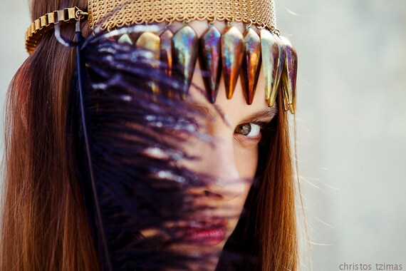 Ostrich black feather ,vintage multicolouerd brass beads headpiece
