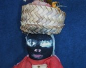 Primitive Black Doll , Handmade and Handpainted, Straw Stuffing, Voodoo, Hoodoo, Fruit Basket on Her Head