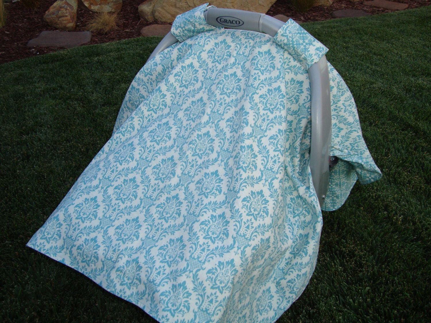 Car Seat Canopy - Aqua Damask