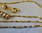 Vintage 36 inch Gorgeous Ornate Goldtone Chain Necklace with Slide, Pearlescent Accents, Pearl Clip Earrings