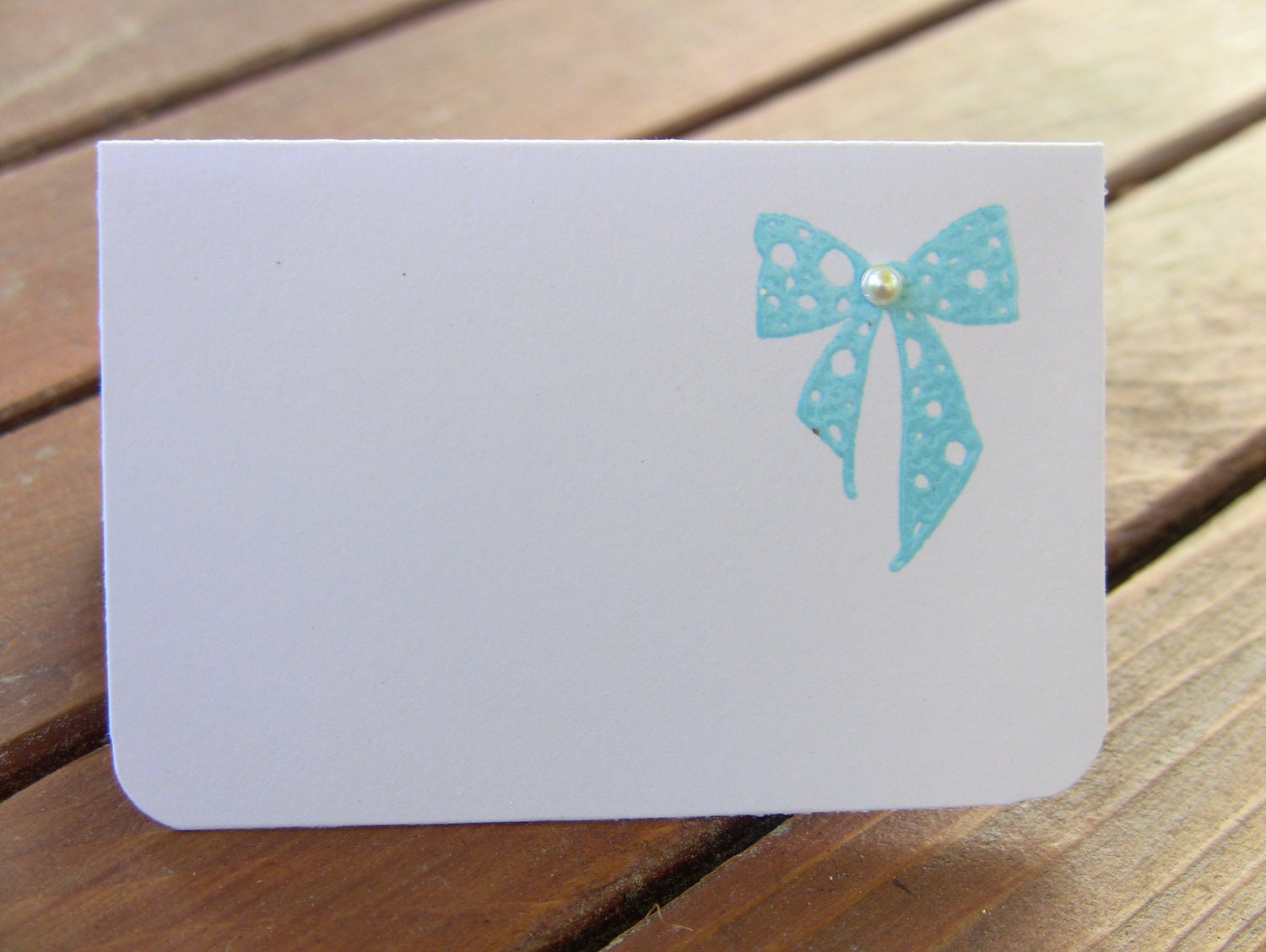 10 Aqua Wedding Place Cards / Escort Cards, Embossed, Ribbon with Pearl, Bridal Shower, CUSTOMIZE ANY COLOR, Name Printing Upgrade Possible