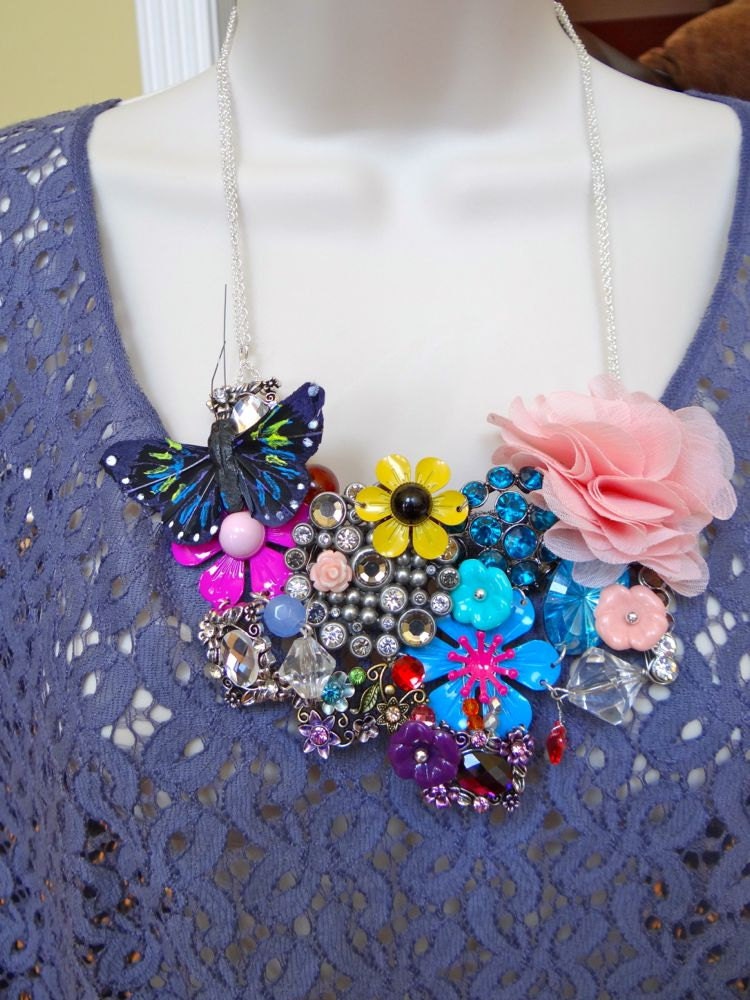 OOAK Flower Garden Brooch Necklace - Mixed Media Butterfly Necklace - Colorful Rhinestone Flower Necklace - Large Statement Necklace