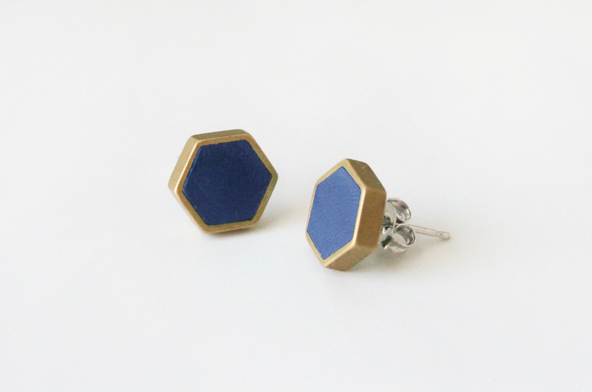 Navy honeycomb stud earring hexagon