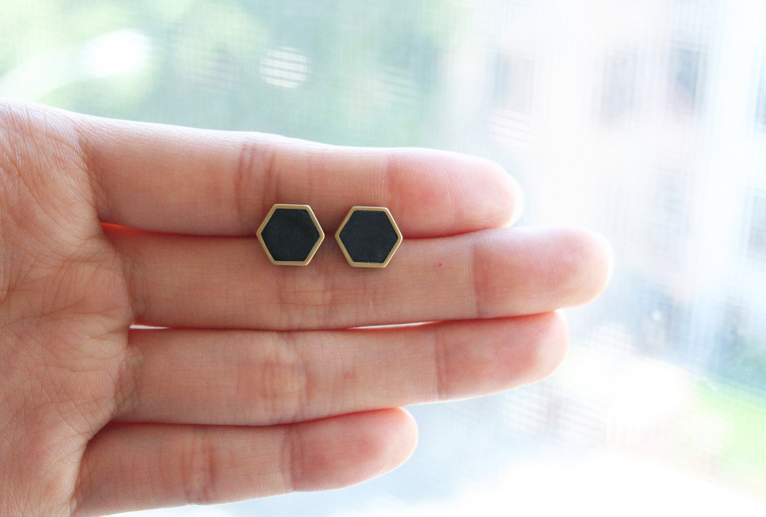 Black hexagon stud earring