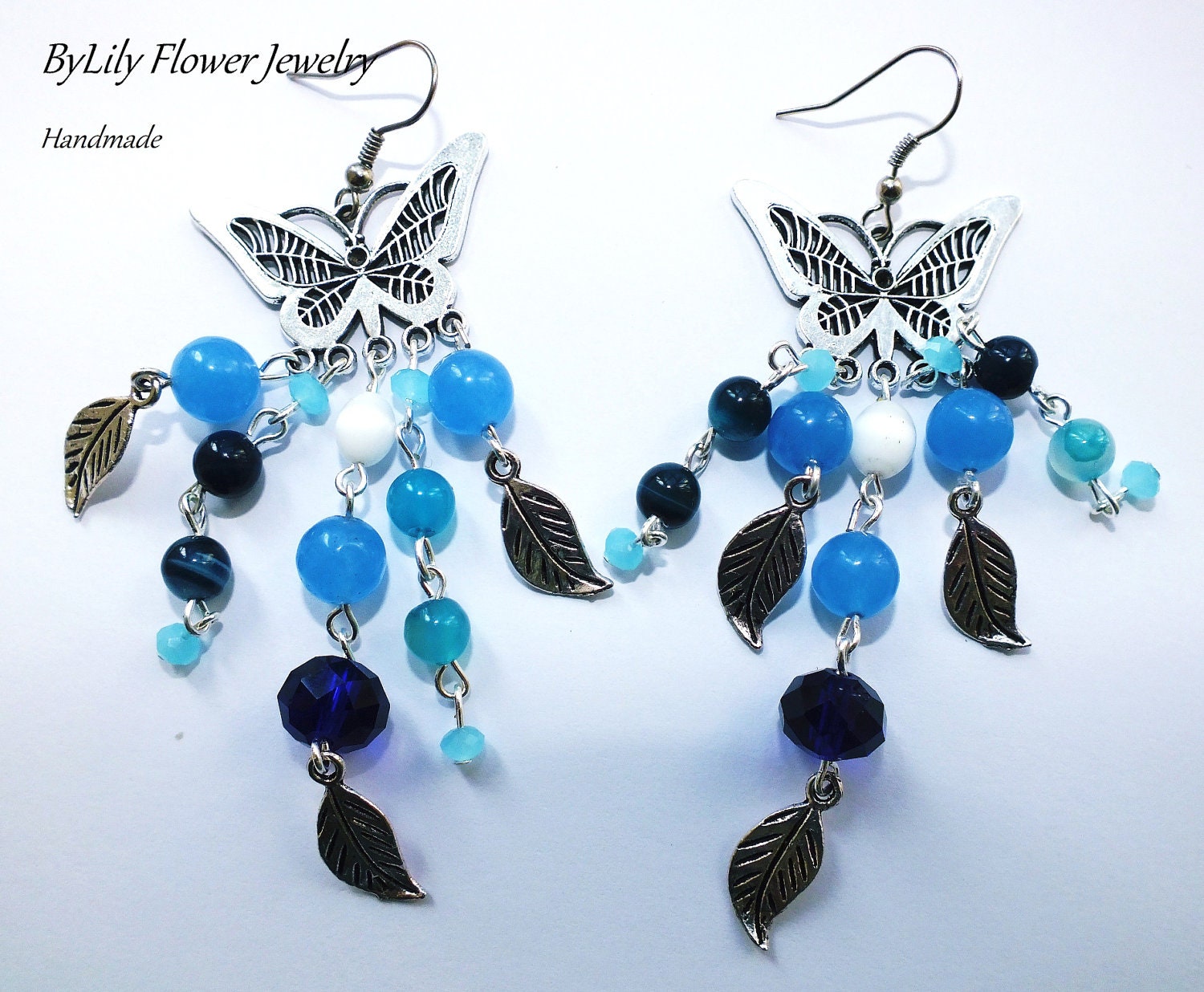 Trendy Natural Agate and Jade Chandelier Earrings "Butterflies", Natural Gem Stones, Long, Dangle