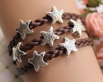 starfish bracelet,retro silver starfish bead,alloy bracelet,brown leather braid bracelet---B148