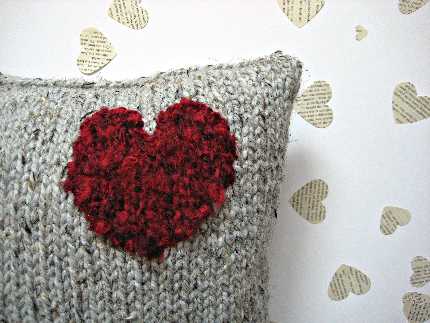LOVE HEART CUSHION - Knitted pillow soft furnishing with a fluffy red heart.