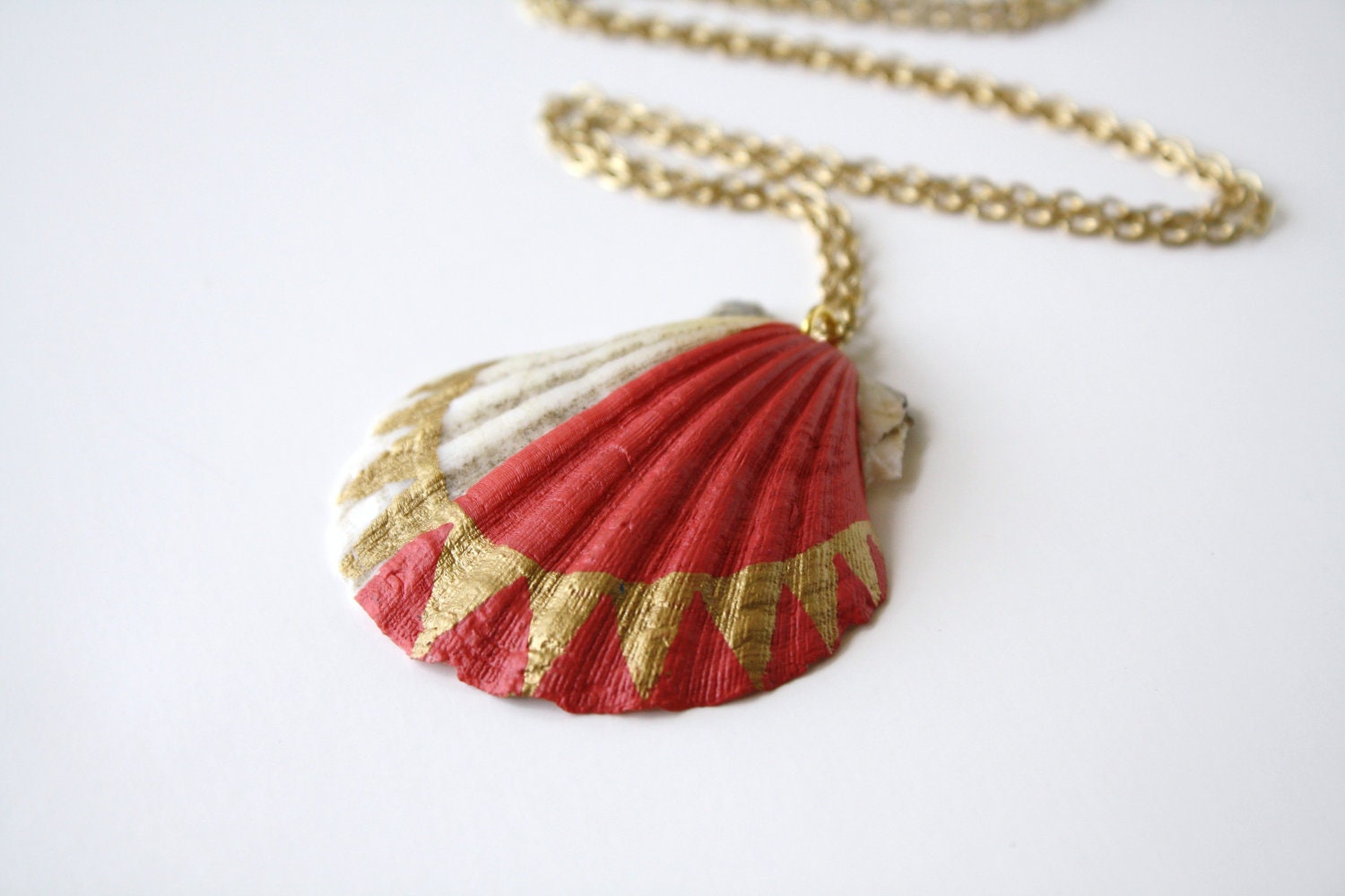 Sea Shell Necklace Pendant Necklace - Coral Pink and Gold Color Block Tribal Dipped
