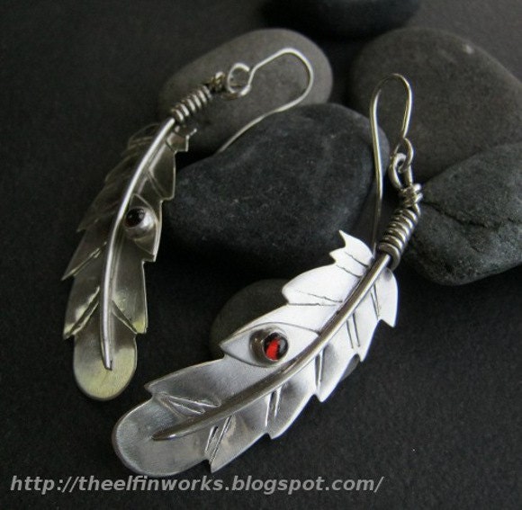 Feather with set red garnet gemstones, handmade sterling silver metalwork, soldered silver, unique artisan design
