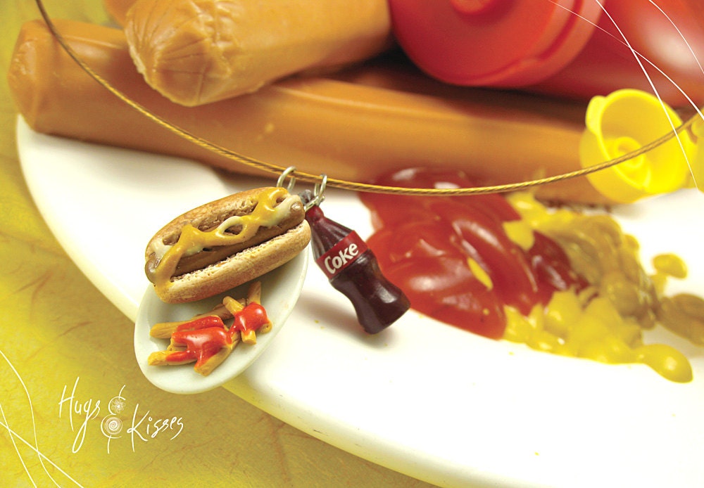 Hot Dog with Fries & Coke Necklace - Mini Food Jewelry - Dollhouse Food Miniature