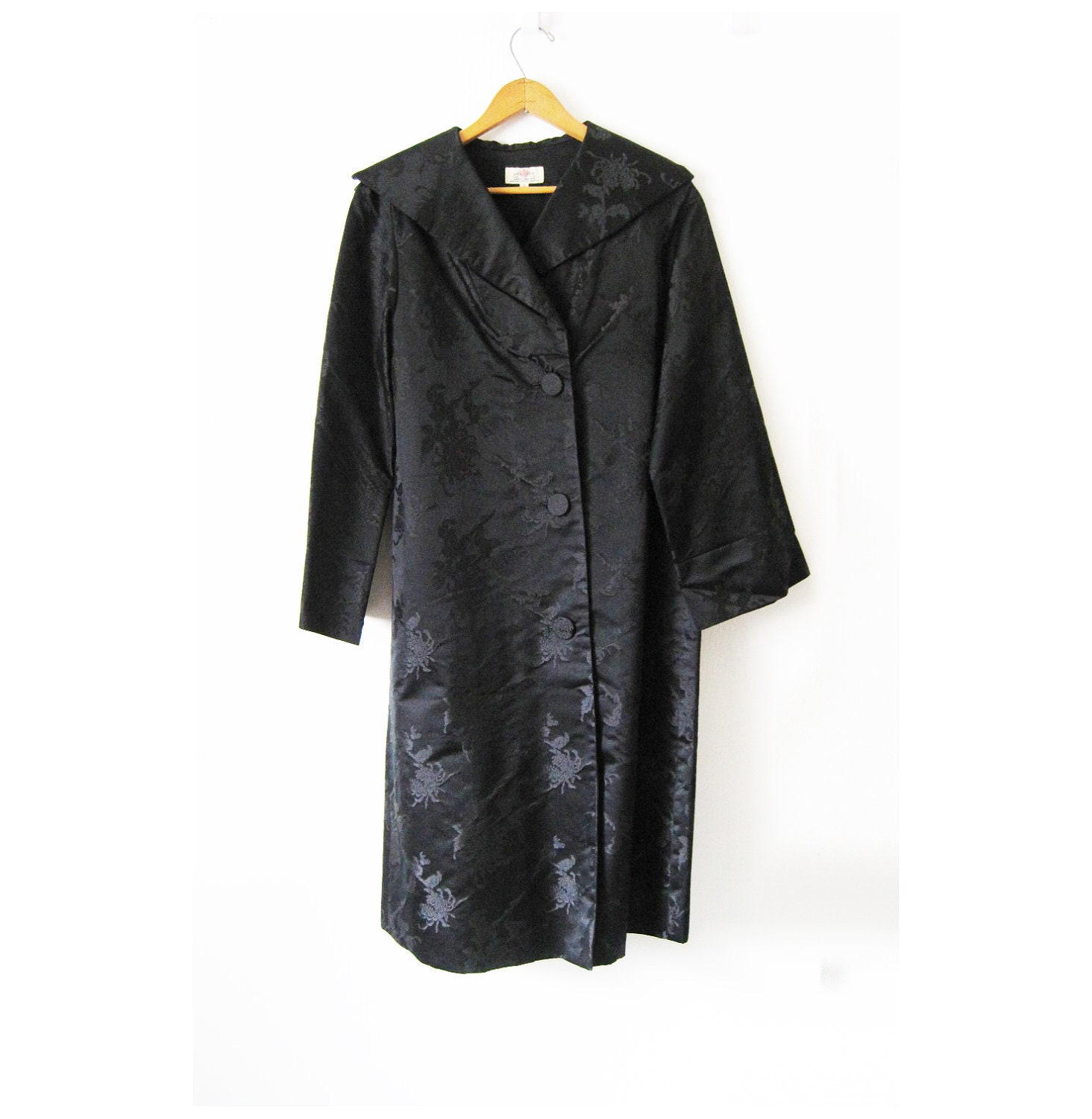 Stunning 1950's Black Long Jacket Asian by Dynasty Briish crown colony small S