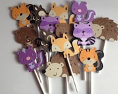 Set Of 24 Woodland Animal Cupcake Toppers,Birthday,Baby Shower,Forest Friends,Fox,Fawn, Owl,Squirrel,Raccoon,Skunk,Hedgehog,Beaver