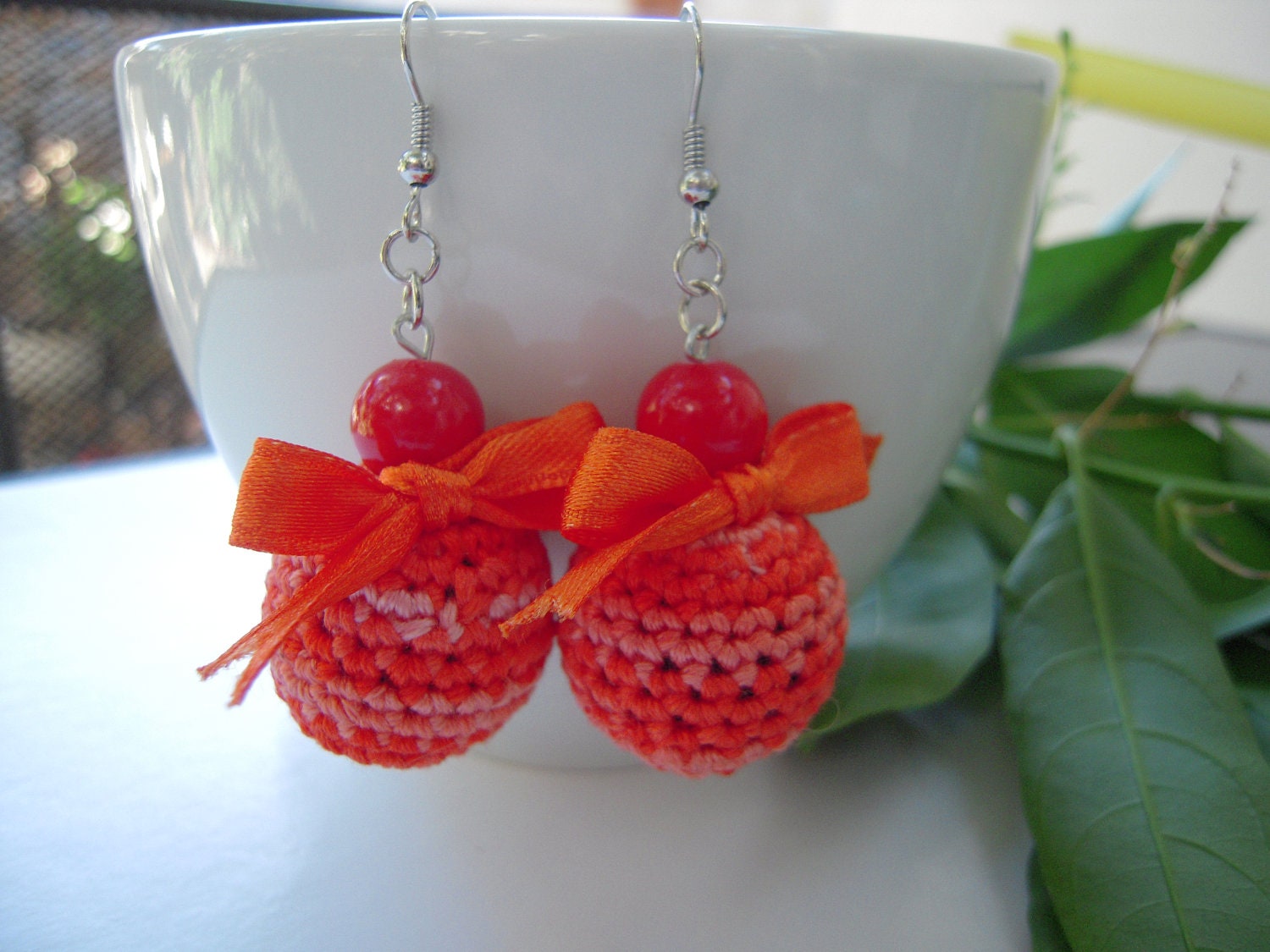 Coral  crochet ball earrings with red beads, crochet ball earrings, crochet dangling earrings, summer accessory,  woman fashion