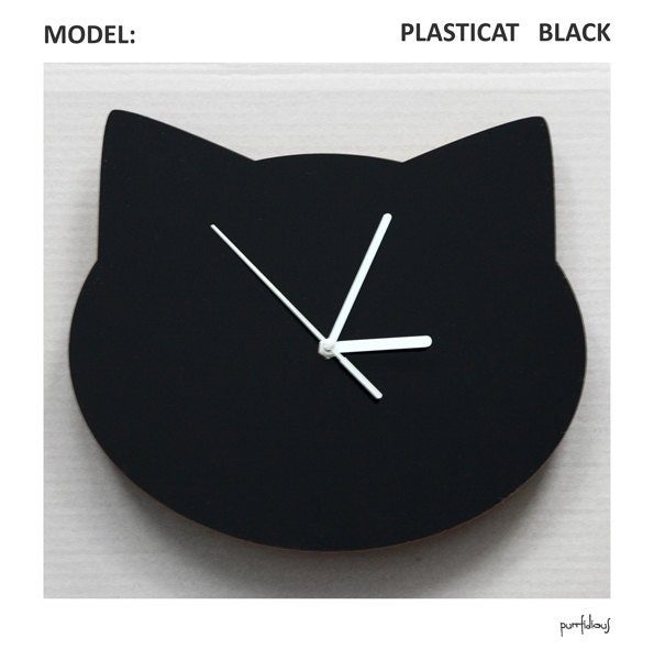 Acrylic wall clock in shape of cat's head- in black