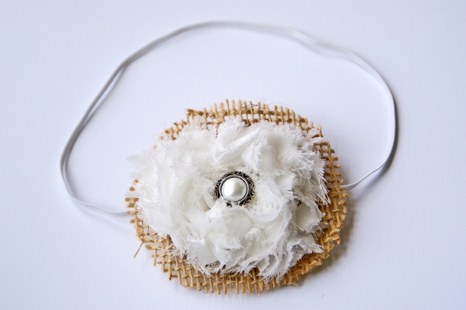 Burlap and White Chiffon Flower Headband or Clip