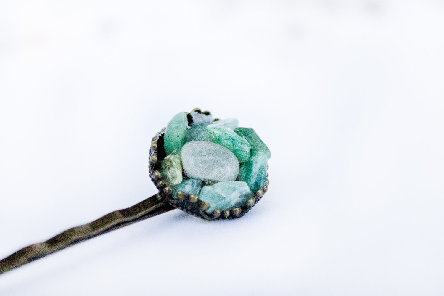 Green gemstones hair pin - Aventurine and quartz