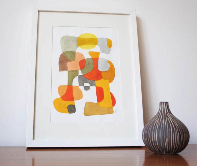 Happy - Abstract Art Print Mid Century Modern Poster Art Mid century wall art yellow red brown khaki grey black 8 x 10