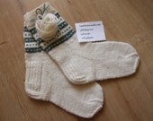 Hand knitted warm woolen white green children socks  ready to ship, USA size 13