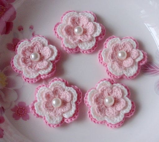 5 Crochet Flowers In Lt Pink,  White, Pink  YH-031-06