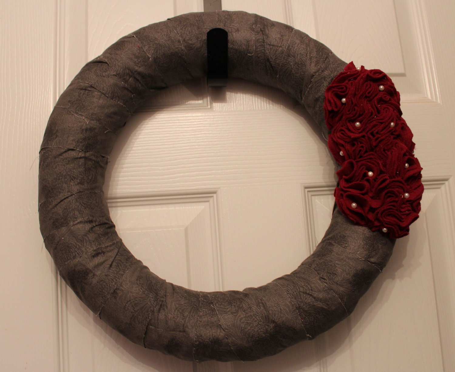 Grey Fabric Wrapped with Burgundy Felt Flowers