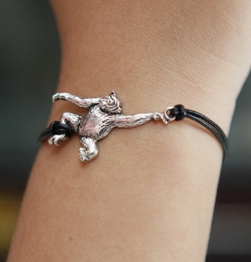 Black leather cord bracelet,charm silver orangutan bracelet