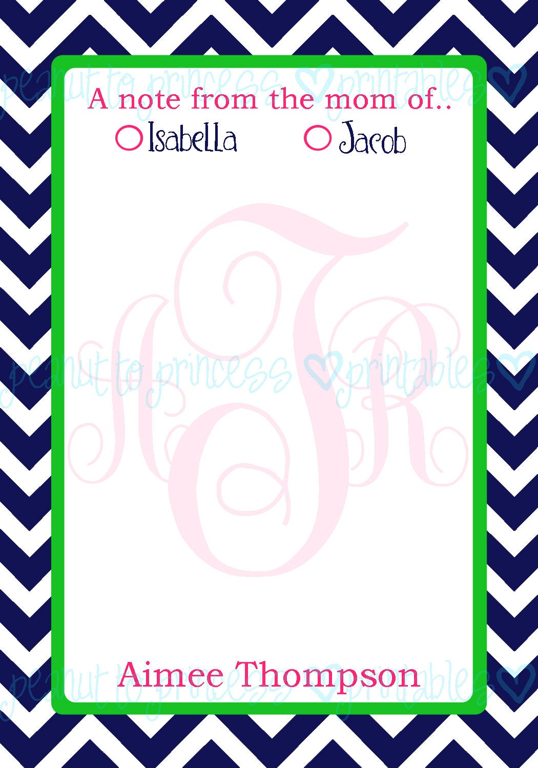 Printable Custom Chevron Notes - "A note from the mom of..." Personalized Printable Digital File - 3.5" x 5" Note Size - Back to School