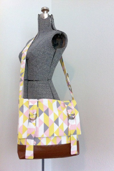 Women's Messenger Bag in Yellow, Pink & Gray Geometric Print