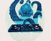 Glow in the Dark Octopus DJ  Screenprint 12"x16"