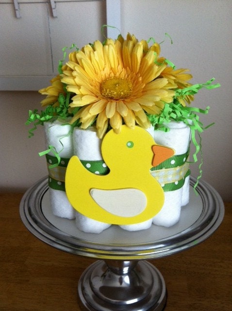 Yellow and Green Duck Mini Diaper Cake - Gender Neutral Shower Gift, Single Tier