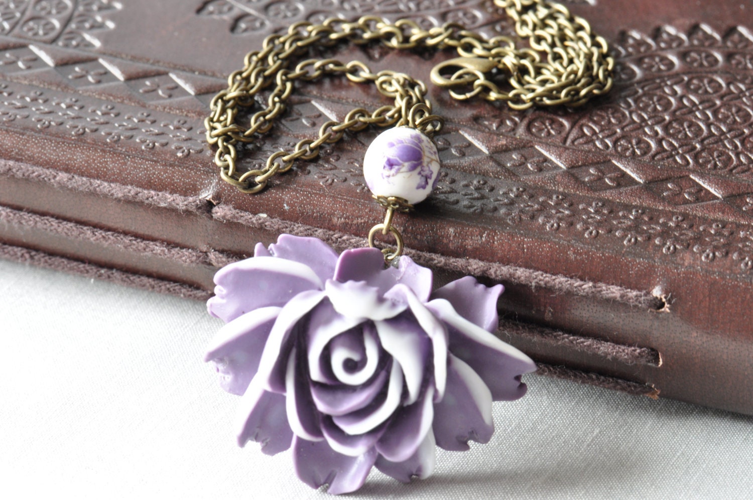 Lilac Purple Rose Flower Pendant Necklace on Antique Gold Chain UK Seller