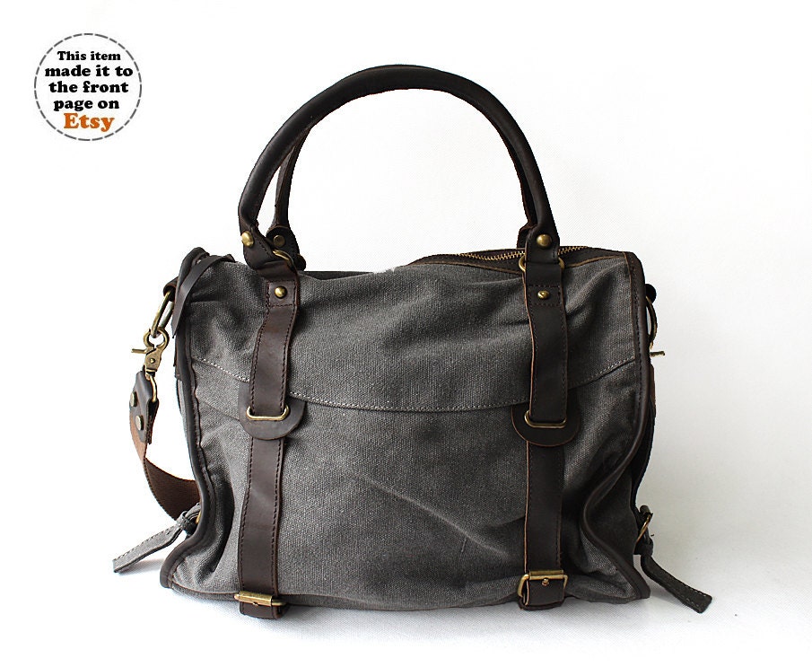 Dark Grey canvas tote with genuine leather /Leather bag/Canvas bag /Shopping bag/Shoulder bag/iPad bag
