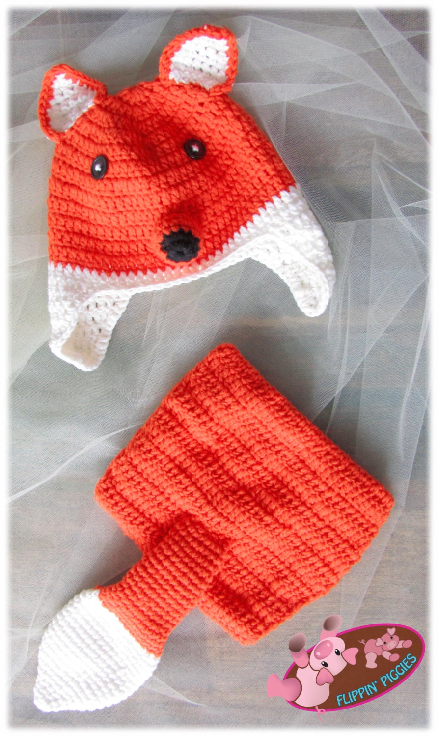 Cute little red fox hat and diaper cover set Handmade Crochet Set baby photography props