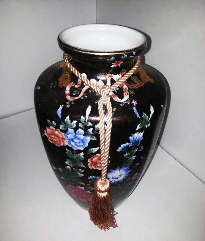 Chinese Porcelain Dark Brown Floral Gold Leaf Vase - Hand Painted - Home Decor - Vintage