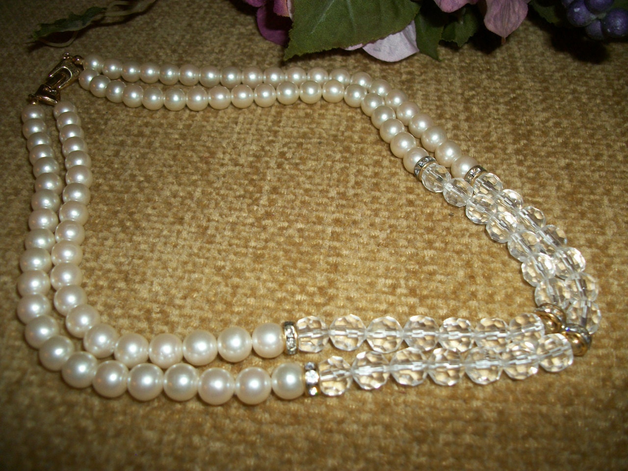 Double Strand of Faux Pearls with Striking Acrylic Faceted Beads and Rhinestone Accents, 18", Gold Tone Clasp