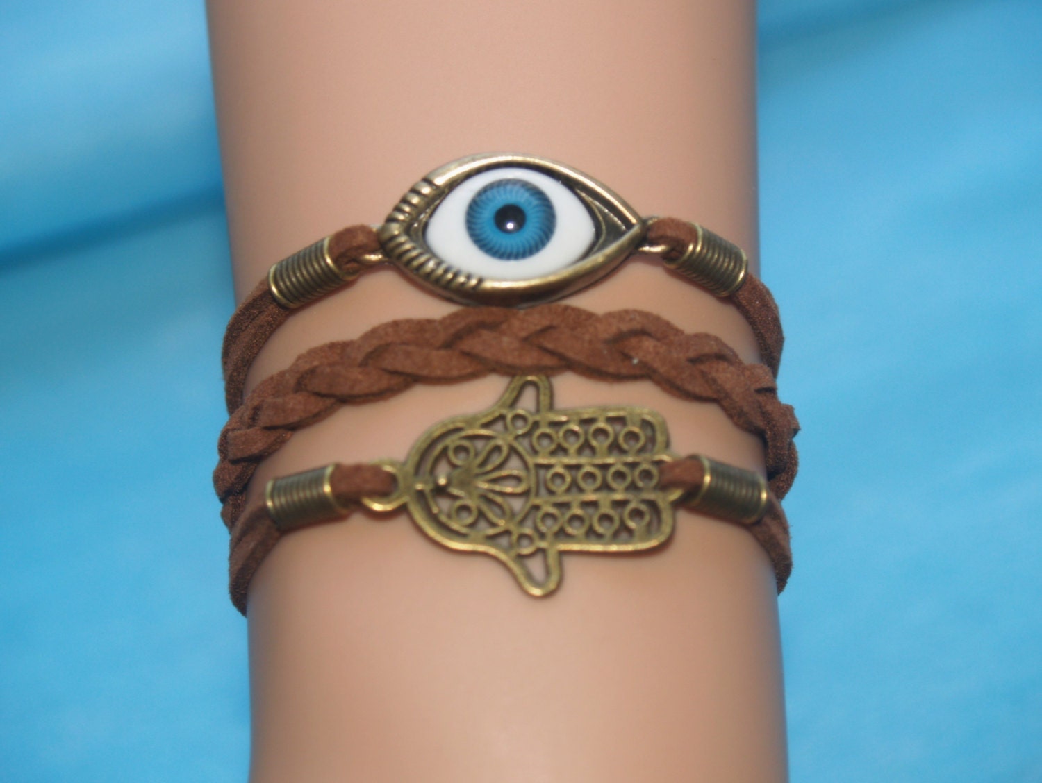 Evil Eye Bracelet, Hamsa Bracelet, Antique Brass Causal Bracelet, Personalized Friendship Charm Jewelry Gift
