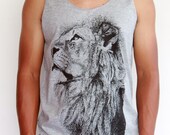 Lion Screenprinted Unisex Tank Top Men Shirt Sleeveless Gray Shirt Tunic Tank Tops Singlet Size S, M.