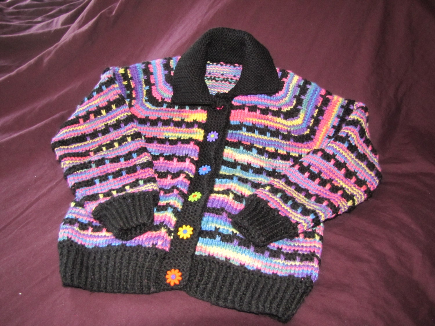 Hand knit rainbow cardigan, size 6