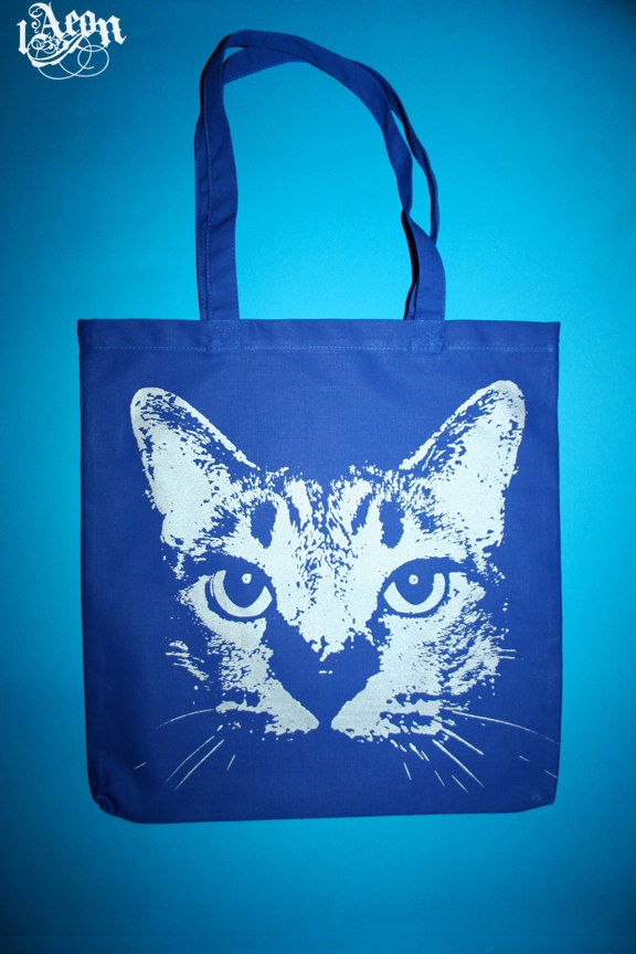 cat etsy, etsy cat, cat, cat tote bag, blue cat bag, cat bag, cat tote, kitty bag, 1AEON royal tote with silver kitty cat - Unisex