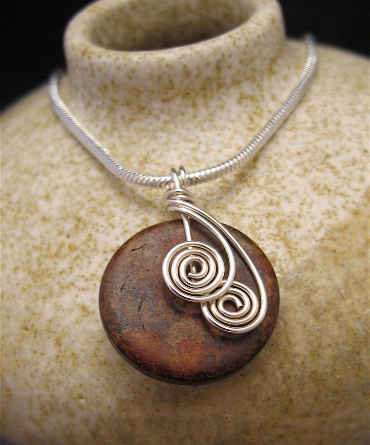 Silver Wire Wrapped Pendant Necklace, Mottled Brown Donut Bead