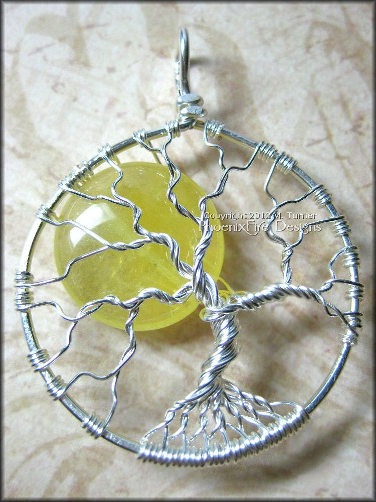 Here Comes The Sun - Tree of Life Pendant Yellow Jade Sun  Wire Wrapped in Sterling Silver (Summer Solstice Sunny Sunshine Sol)