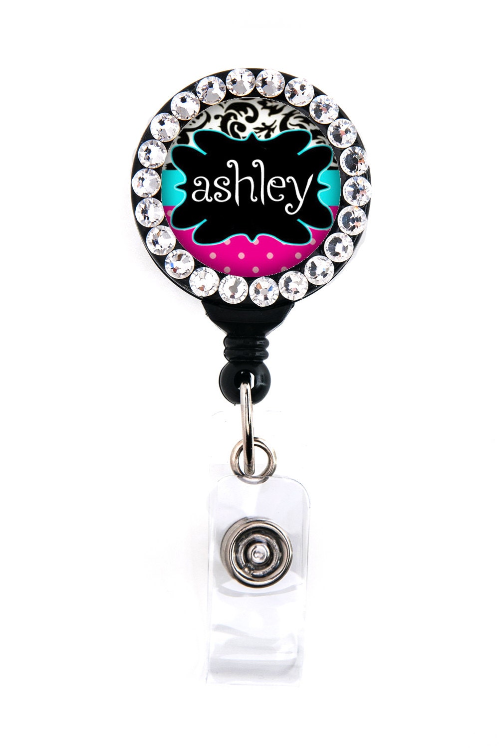 Name Badge Reel - Pink, Blue, and Black Damask, Personalized with Swarovski Rhinestones
