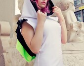 Harajuku Cyber Goth Fashion Dress in White & Neon Lime Green with Hoodie by Janice Louise Miller