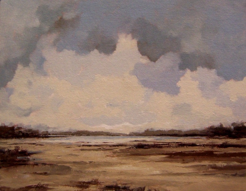 oil painting landscape original 100% charity donation, oil painting, PALE NOON RISING, 11x14 on canvas panel, clouds, blue gray, sand