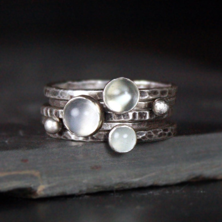 Luminous Stacking Rings in Silver, Moonstone and Aquamarine - Modern, Geometric, Set of 5