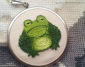 Grumpy Toad Pendant, Hand-Embroidered Miniature. MADE TO ORDER